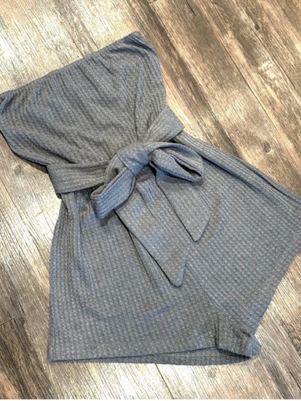 Strapless Gray Waffle Knit Romper | Tie Waist | Casual Summer S - Picture 2 of 4